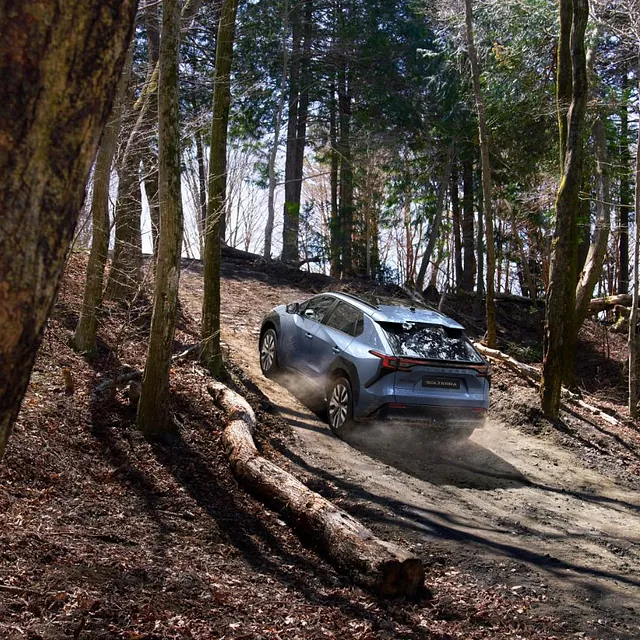 Bilen klatrer opp bratt skogssti med støv bak hjulene omgitt av høye trær.